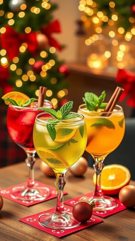 Festive alcohol-free Christmas cocktails in elegant glasses with garnishes, surrounded by holiday decorations.